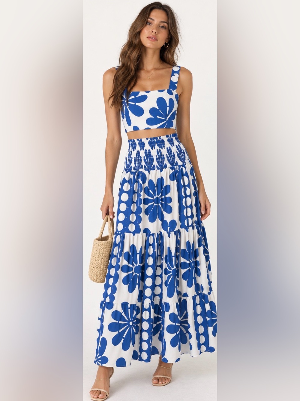 COMMENSE Floral Cami Top Smocked Maxi Skirt Set Blue White XS NWT